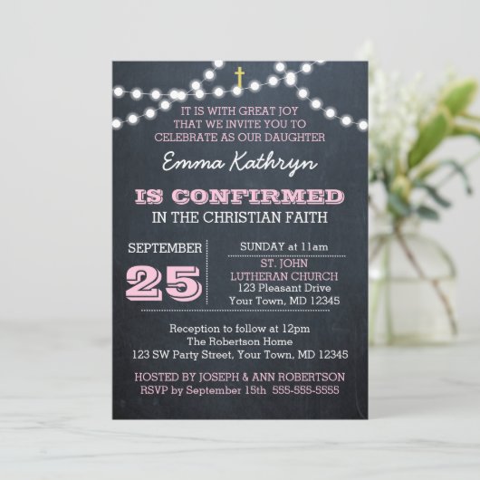 Chalkboard Lights Roze Bevestiging Uitnodiging (Staand voorkant)