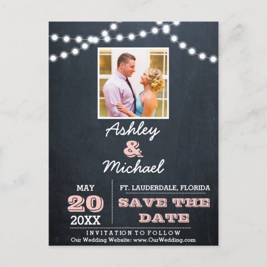 Chalkboard Lights Roze Bruiloft Save the Date Aankondigingskaart (Voorkant)