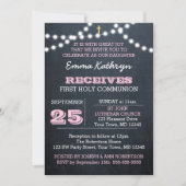 Chalkboard Lights Roze Eerste Communie Uitnodiging (Voorkant)