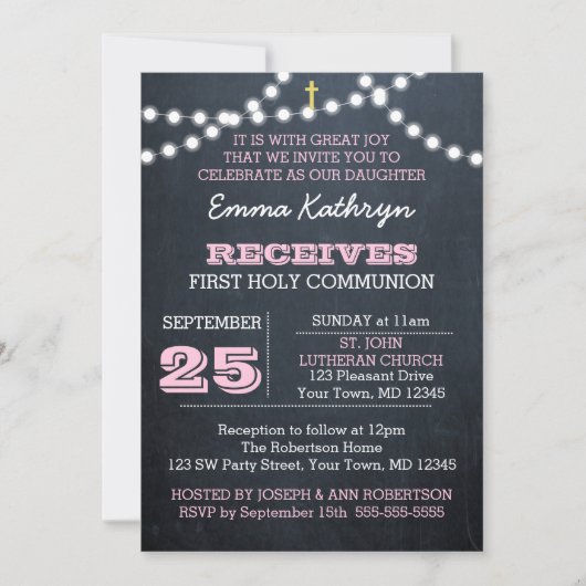 Chalkboard Lights Roze Eerste Communie Uitnodiging (Voorkant)