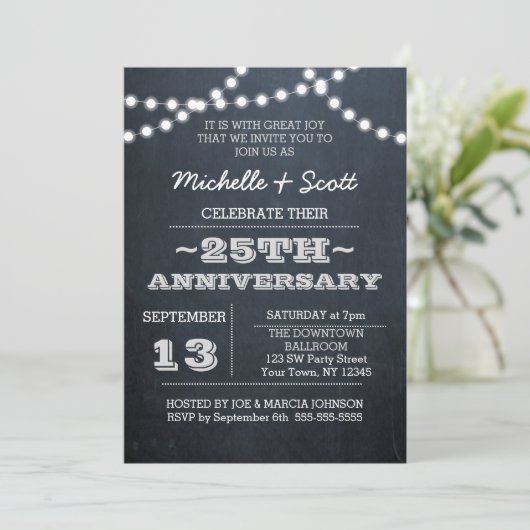 Chalkboard Lights Silver 25th Jubileum Invite Kaart (Staand voorkant)