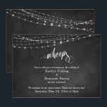 Chalkboard & Lights uitgesteld bruiloft "Whoops" Kaart<br><div class="desc">Deze aankondigingskaart biedt een beetje humor om lichtzinnigheid te bieden in een uitdagende situatie. Op een achtergrond met een getextureerd zwart krijtbordoppervlak, heb ik afbeeldingen geplaatst met lichte tekenreeksen gedrapeerd langs de bovenkant. Het woord "whoops" op de voorkant en "love" op de achterkant zijn gemaakt met behulp van een modern,...</div>