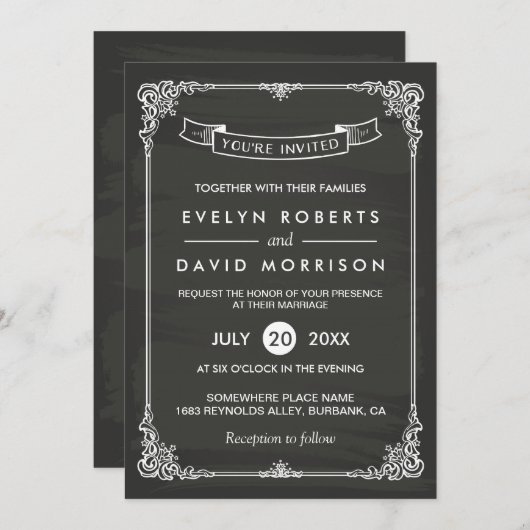 Chalkboard Lijst Elegant Formal Wedding Kaart (Voorkant / Achterkant)