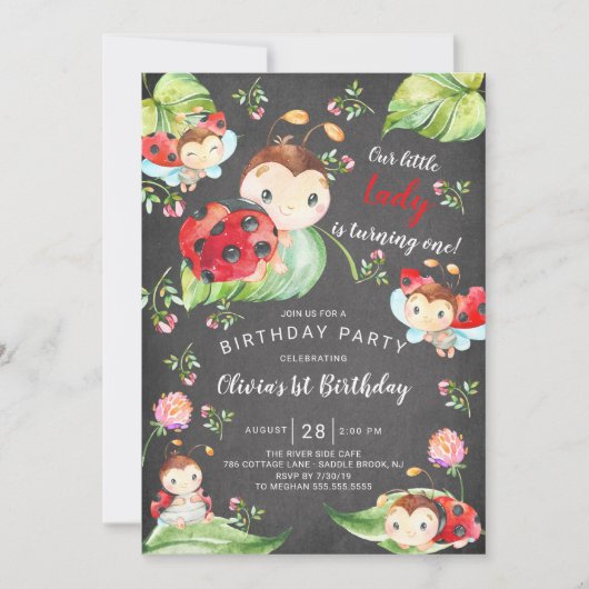 Chalkboard Little Lady Ladybug 1st Birthday Kaart (Voorkant)