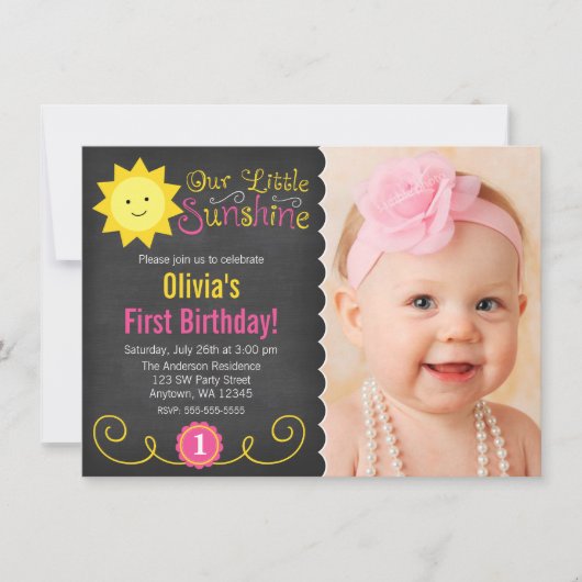Chalkboard Little Sunshine Pink Yellow Birthday Kaart (Voorkant)