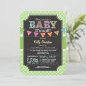 Chalkboard look Baby shower; Lime Green Quatrefoil Kaart (Staand voorkant)