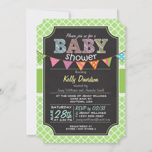 Chalkboard look Baby shower; Lime Green Quatrefoil Kaart (Voorkant)