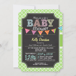 Chalkboard look Baby shower; Lime Green Quatrefoil Kaart