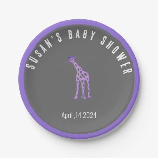 Chalkboard look baby shower - paarse giraffe papieren bordje (Voorkant)