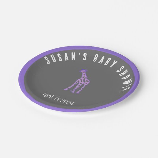 Chalkboard look baby shower - paarse giraffe papieren bordje (Gekanteld)