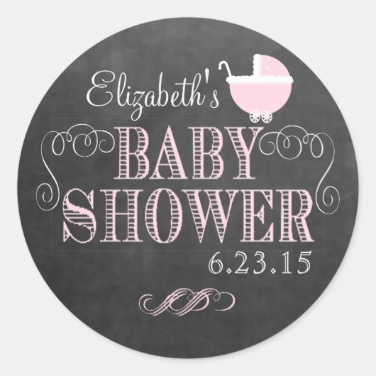 Chalkboard Look en Roze Baby Carriage Baby shower Ronde Sticker (Voorkant)
