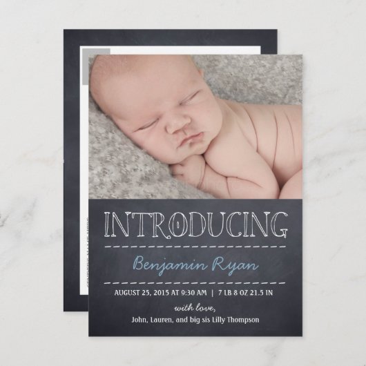 Chalkboard Look Geboorteaankondiging - Blauw Aankondigingskaart (Voorkant / Achterkant)