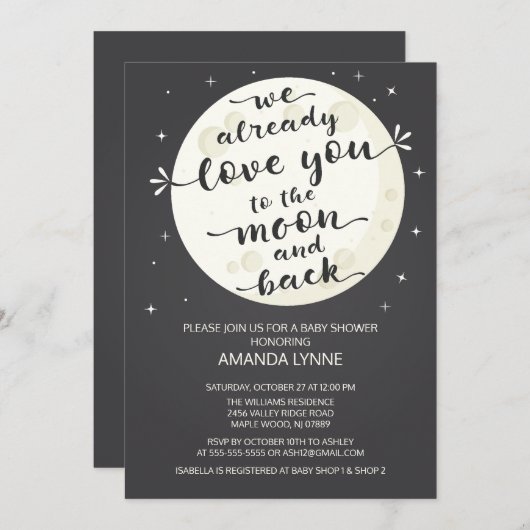 Chalkboard Love Moon & Back Baby shower Invite Kaart (Voorkant / Achterkant)