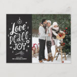 Chalkboard Love Peace and Joy Lettering Feestdagenkaart<br><div class="desc">Love,  peace and joy. Send foliday greetings and wishes to family and friends with this rustic Christmas postcard. It features a rustic chalk script with a vals chalkboard background. Personalize by adding foto's,  names,  berichten en addresses. This rustic Christmas foto postcard is perfect voor this foliday season.</div>