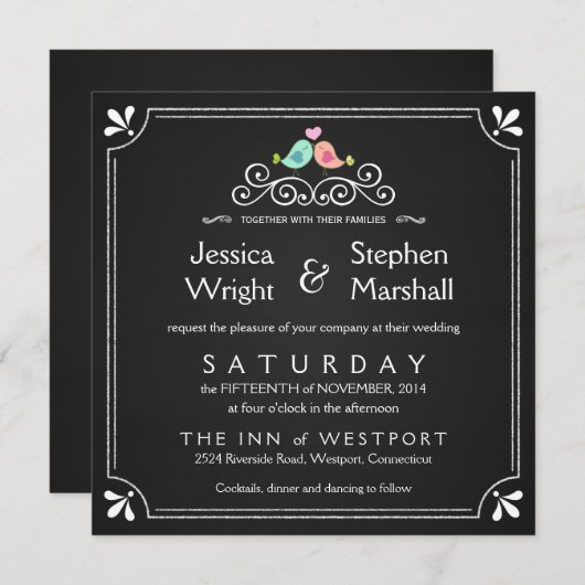 Chalkboard Lovebird Square Wedding Invitding Kaart (Voorkant / Achterkant)