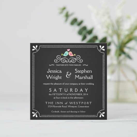 Chalkboard Lovebird Square Wedding Invitding Kaart (Staand voorkant)