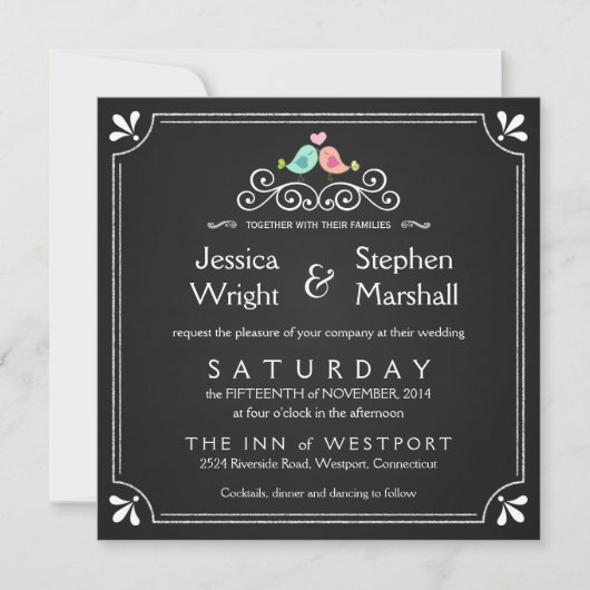 Chalkboard Lovebird Square Wedding Invitding Kaart (Voorkant)