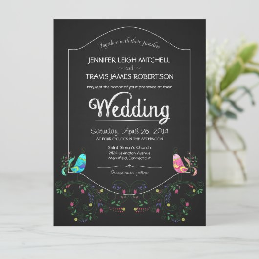 Chalkboard Lovebird Wedding Invitting Kaart (Staand voorkant)
