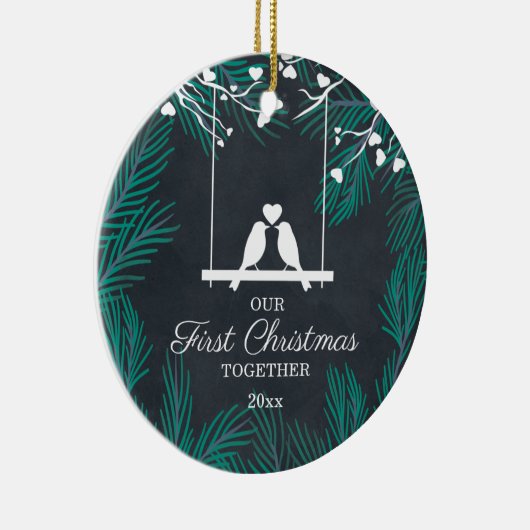 Chalkboard Lovevogels Ons eerste kerstfeest samen Keramisch Ornament (Rechts)