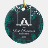Chalkboard Lovevogels Ons eerste kerstfeest samen Keramisch Ornament (Voorkant)