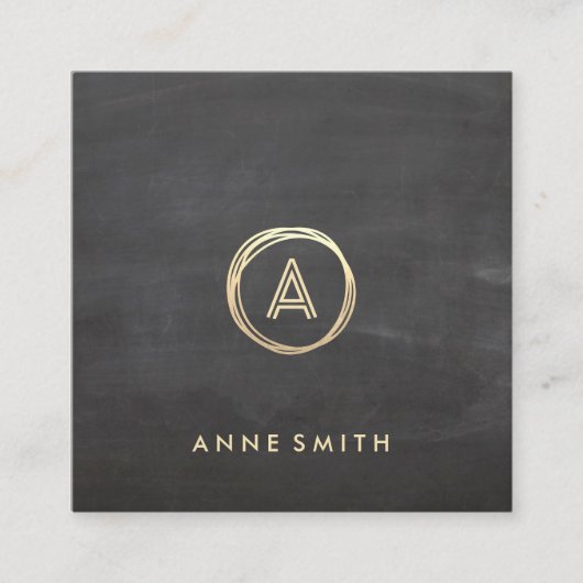 Chalkboard Luxe Gold Circle Modern Monogram Vierkante Visitekaartje (Voorkant)