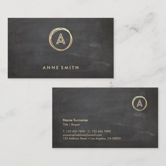 Chalkboard Luxe Gold Circle Modern Monogram Visitekaartje (Voorkant / Achterkant)