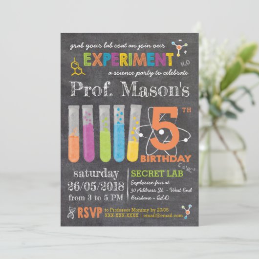 Chalkboard Mad Science Party Birthday Kaart (Staand voorkant)