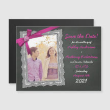 Chalkboard Magenta Bow Photo Wedding Save the Date