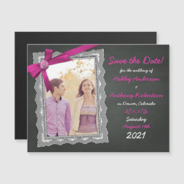 Chalkboard Magenta Bow Photo Wedding Save the Date Magnetische Uitnodiging