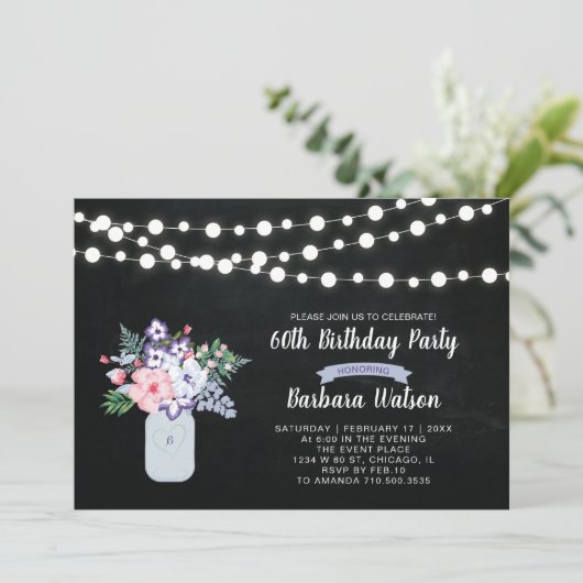 Chalkboard, Mason Jar 60th Birthday Invitation Kaart (Staand voorkant)