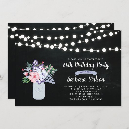Chalkboard, Mason Jar 60th Birthday Invitation Kaart (Voorkant / Achterkant)