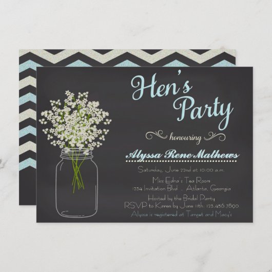 Chalkboard Mason Jar Baby's Breath Hen's Party Kaart (Voorkant / Achterkant)
