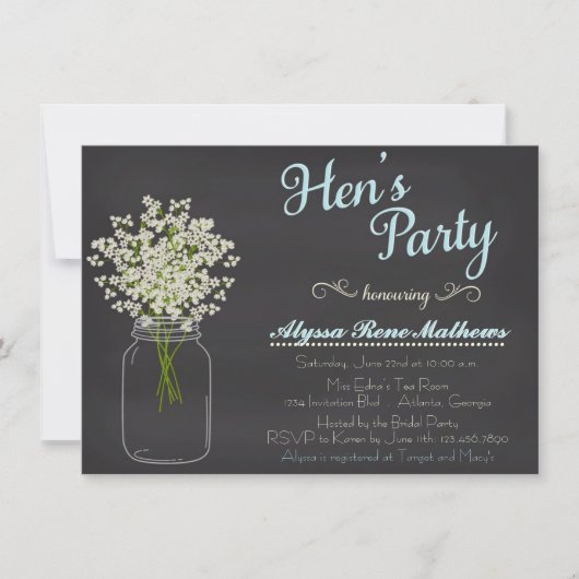 Chalkboard Mason Jar Baby's Breath Hen's Party Kaart (Voorkant)
