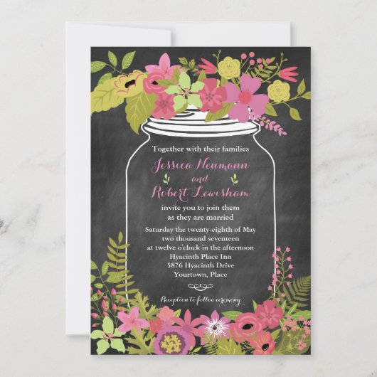 Chalkboard Mason Jar Coral Pink Floral Wedding Kaart (Voorkant)