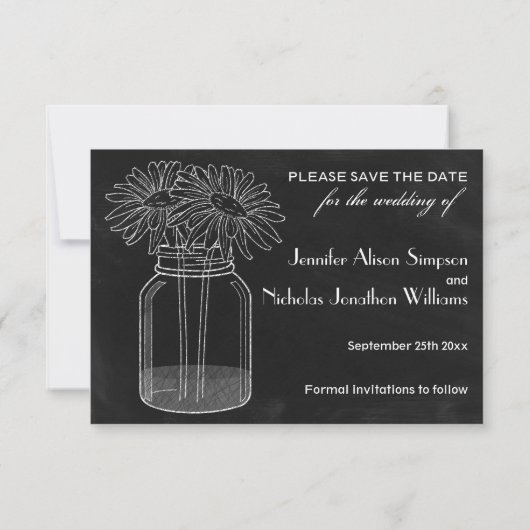 Chalkboard - Mason Jar en Daisies Bewaar de datum Save The Date (Achterkant)