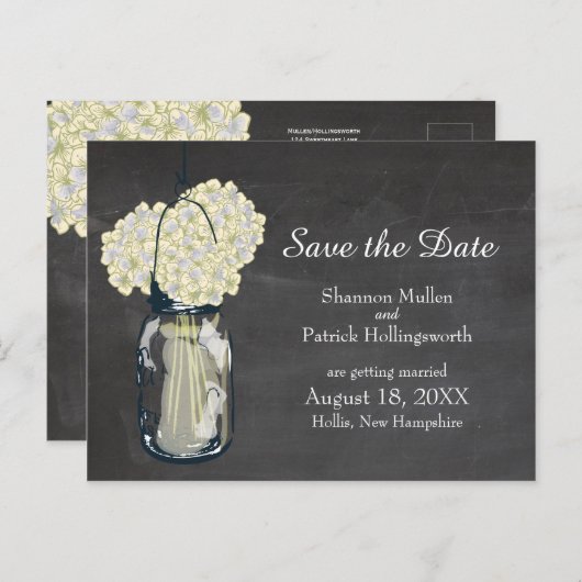 Chalkboard Mason Jar en Hydrangeas Bewaar de datum Aankondigingskaart (Voorkant / Achterkant)