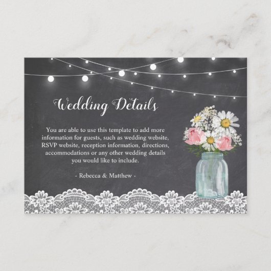 Chalkboard Mason Jar Floral Wedding Reception Informatiekaartje (Voorkant)