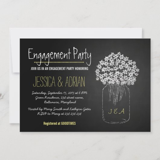 Chalkboard Mason Jar Flowers Engagement Party Kaart (Voorkant)