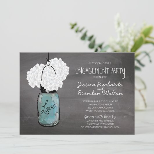 Chalkboard Mason Jar Hydrangeas | Engagement Party Kaart (Staand voorkant)