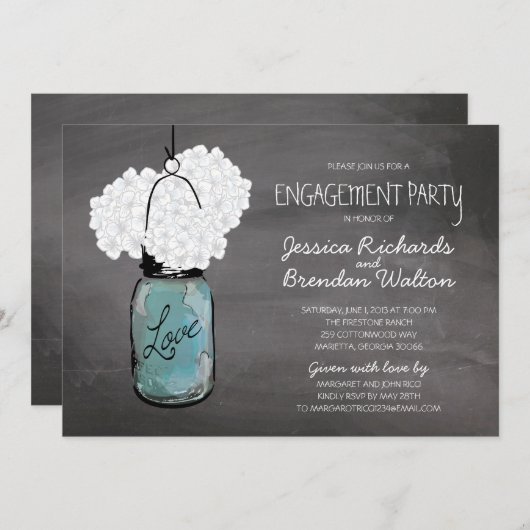 Chalkboard Mason Jar Hydrangeas | Engagement Party Kaart (Voorkant / Achterkant)