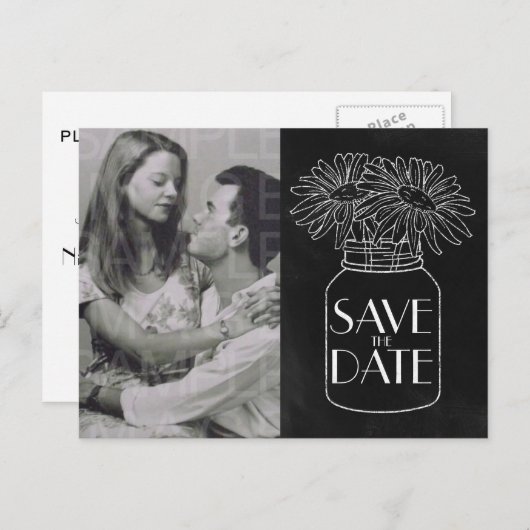 Chalkboard Mason Jar in Daisies Foto Sla de datum Aankondigingskaart (Voorkant / Achterkant)