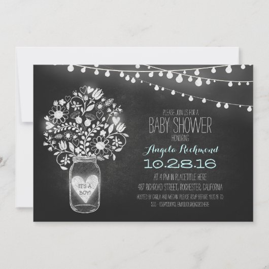 Chalkboard Mason Jar & Lights Baby shower Uitnodig Kaart (Voorkant)