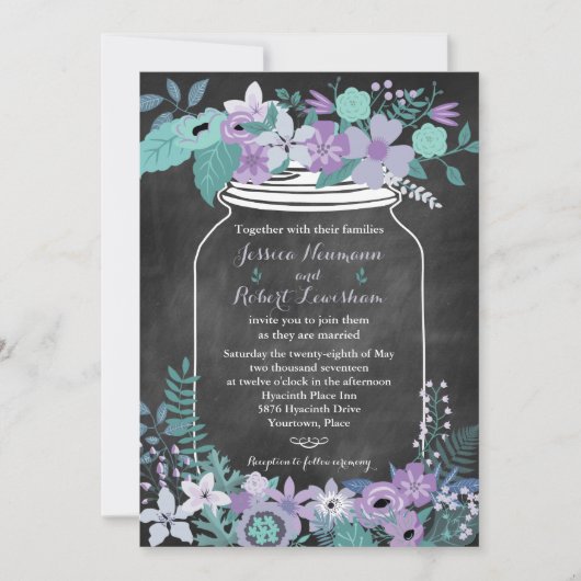 Chalkboard Mason Jar Paarse Aqua Floral Wedding Kaart (Voorkant)