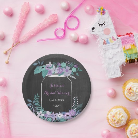 Chalkboard Mason Jar Purple Floral Bridal Shower Papieren Bordje (Feest)