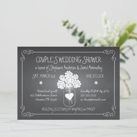 Chalkboard Mason Jar Rustic Couples Wedding Shower Kaart (Staand voorkant)
