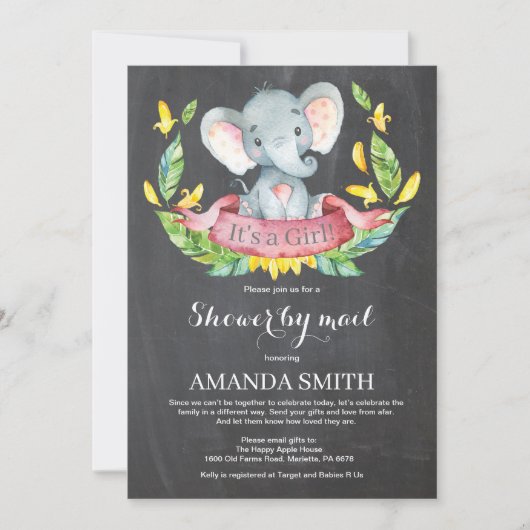 Chalkboard Meisje Olifant Baby shower per Mail Kaart (Voorkant)
