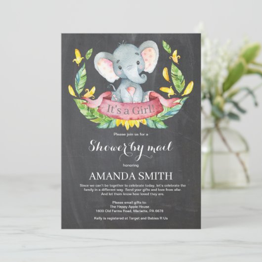 Chalkboard Meisje Olifant Baby shower per Mail Kaart (Staand voorkant)