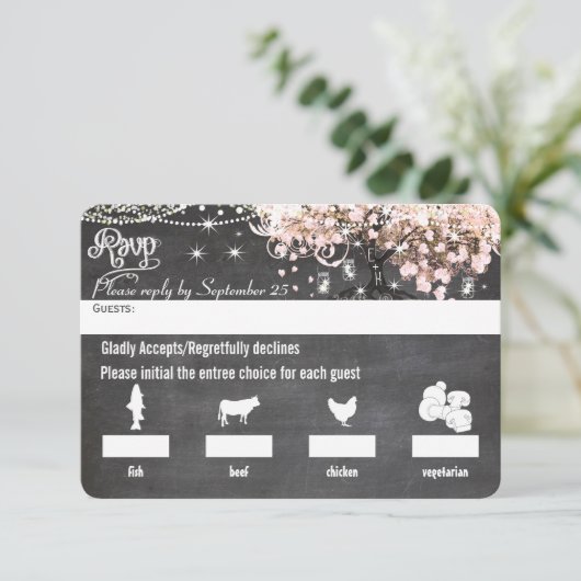 Chalkboard Menu Keuze Roze Heart Leaf Tree RSVP (Staand voorkant)