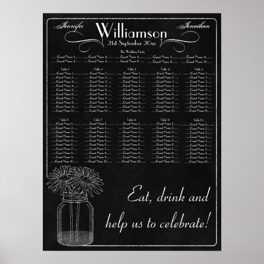 Chalkboard met Mason Jar & Daisy Wedding Seating Poster (Voorkant)
