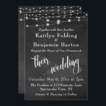 Chalkboard met String Lights, Typografie Weddensch Kaart<br><div class="desc">Deze verfijnde maar rustige trouwkaart heeft een getextureerd afbeelding van de achtergrondkleur van het krijt dat door koorden van witte twinkelende lichte koorden wordt bedekt. Ik heb een elegante, dragende manuscriptdoopvont van mijn collectie toegevoegd om grafiek terug te geven die de woorden "hun"en "bruiloft"afschilderen; Op de rug heb ik het...</div>